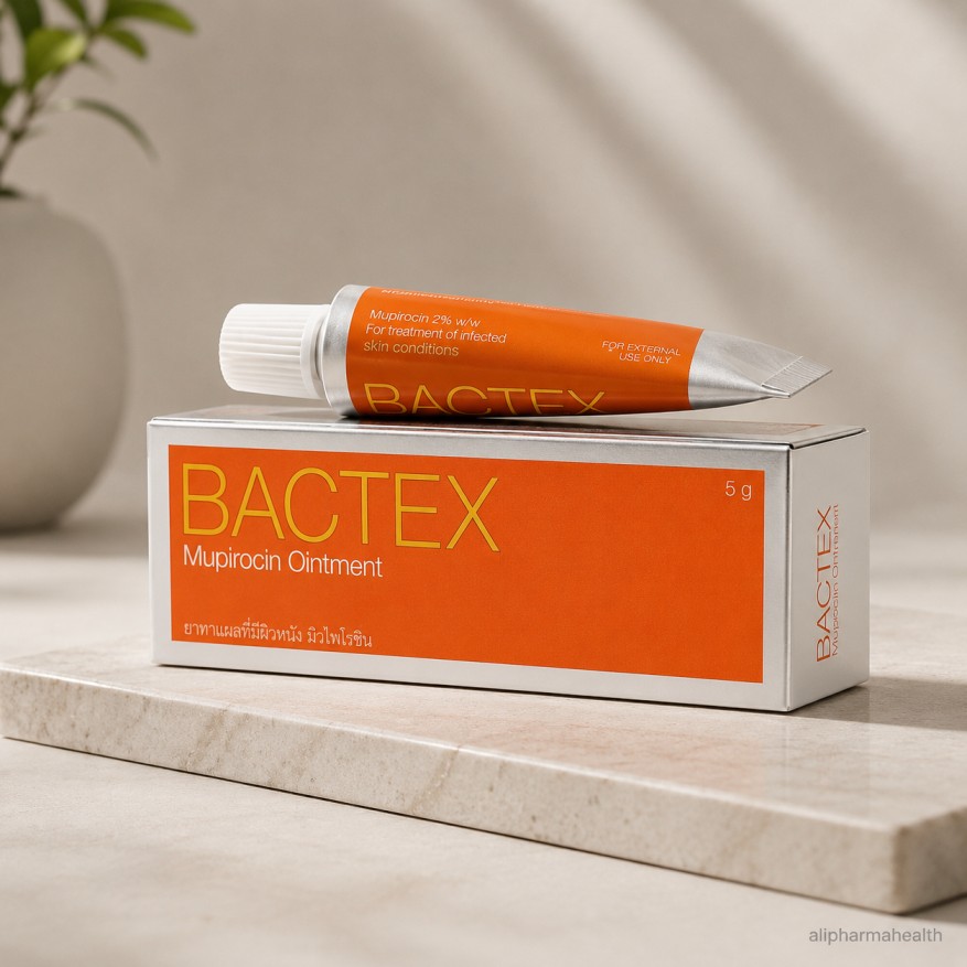 BACTEX Mupirocin Ointment 5 g is a topical antibiotic used for certain bacterial skin infections. Mupirocin helps stop bacterial growth and supports skin healing.